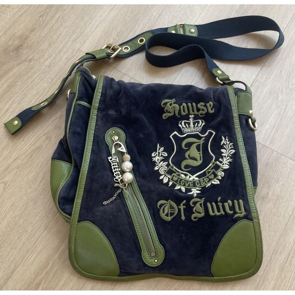 Vintage House of Juicy Couture Green Leather Messenger Bag with‎ Blue Velvet Y2K
